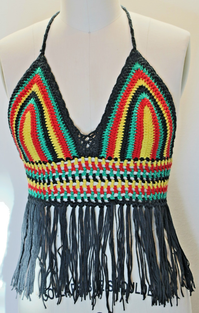 Crochet Halter Top Fringe Boho Festival Black Red Yellow Green Handmade Bikini